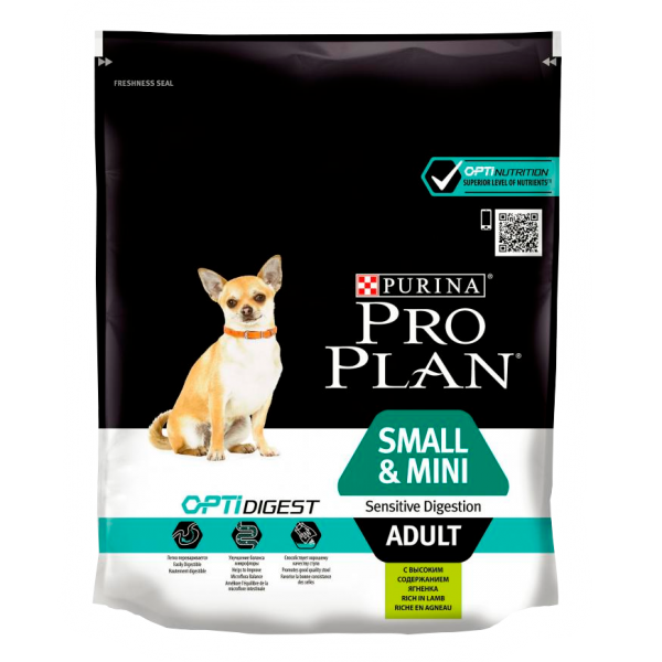 Pro Plan для взрослых собак мелких и карликовых пород с чувствительным пищеварением (ягнёнок с рисом)
