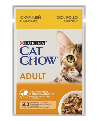 Purina Cat Chow "Adult 1+" влажный корм для кошек (курица и кабачки в желе) 