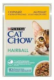 Cat Chow "Hairball" влажный корм для кошек для контроля образования комков шерсти в ЖКТ (курица и зеленая фасоль в соусе) 
